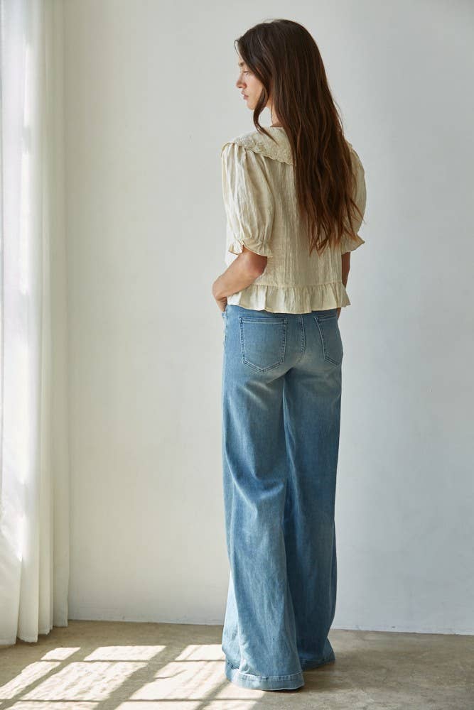 Cream Embroidered Wide Collar Blouse