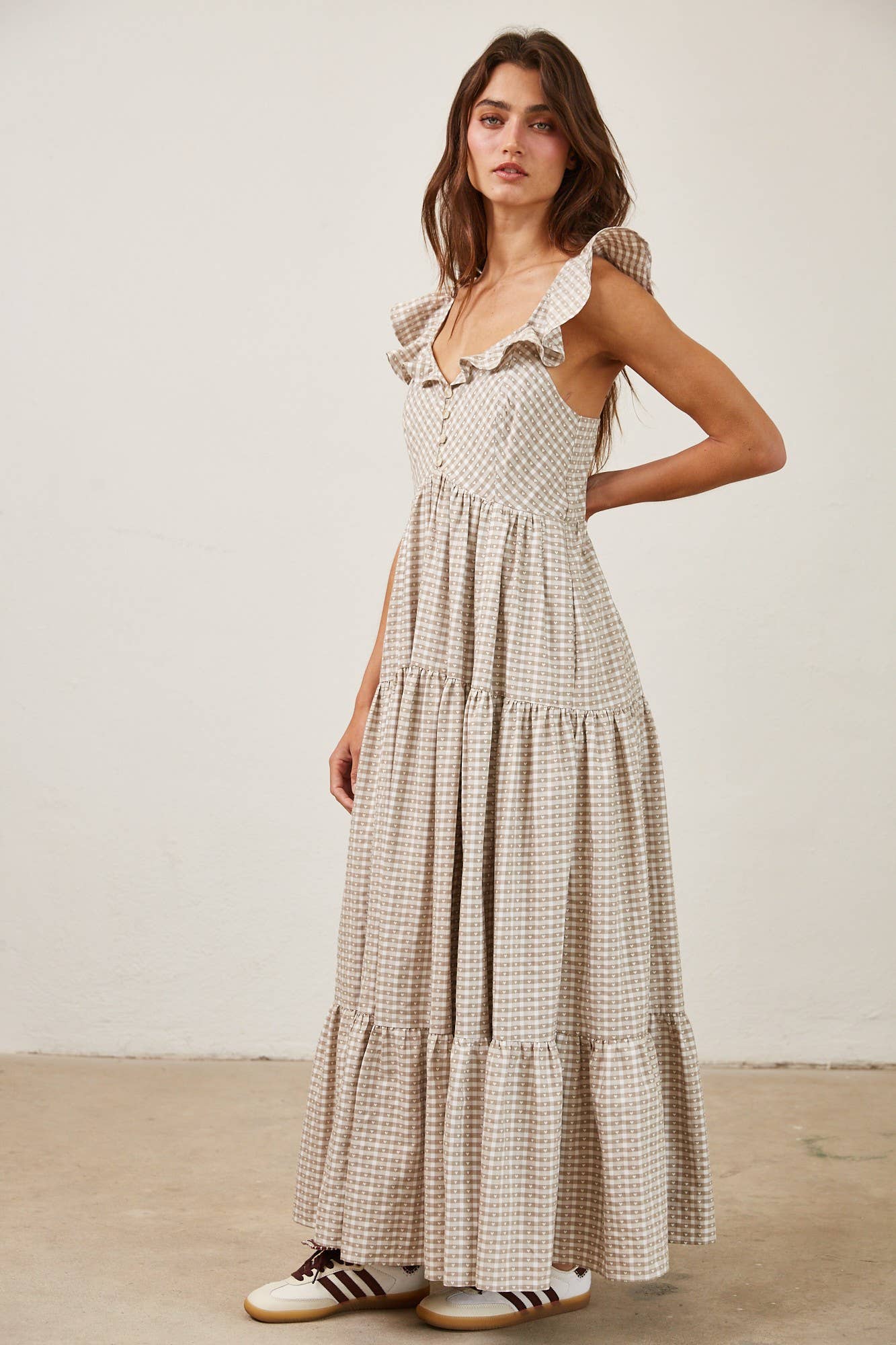 Heart Gingham Ruffle Maxi Dress