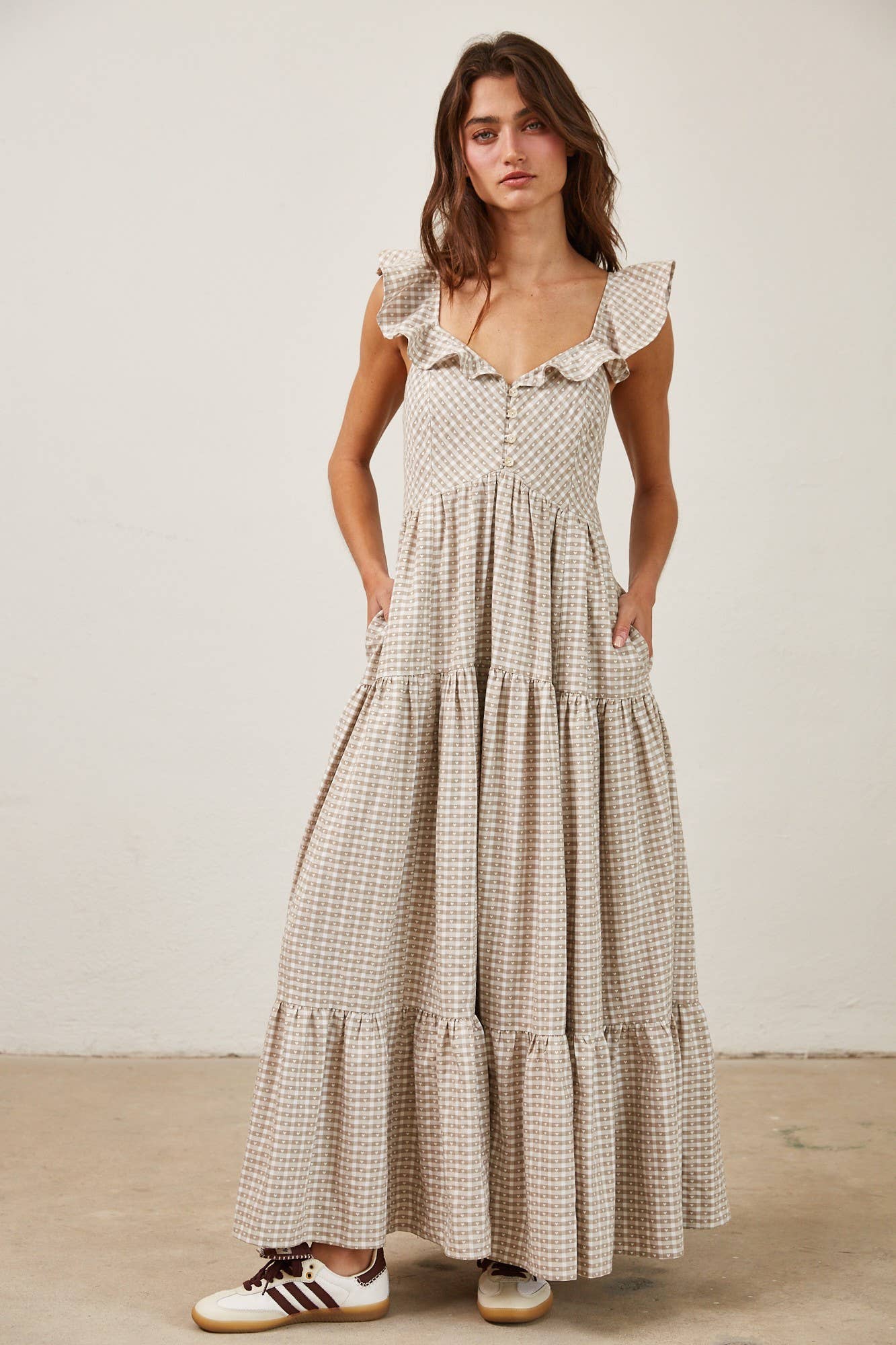 Heart Gingham Ruffle Maxi Dress