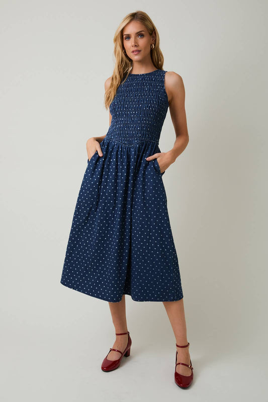 Sleeveless Smocked Torso Midi Dress