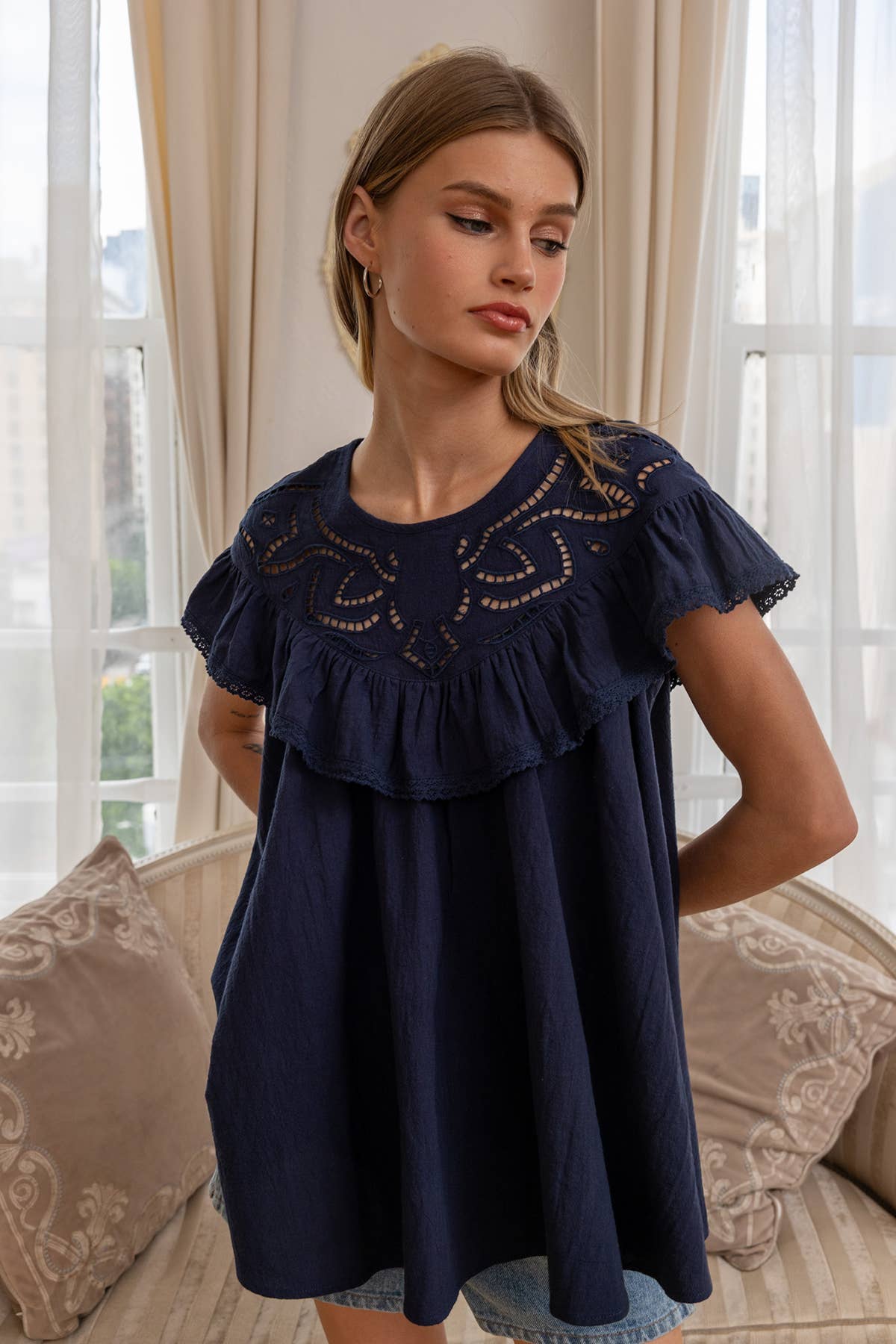 Yoke Ruffle Babydoll Top