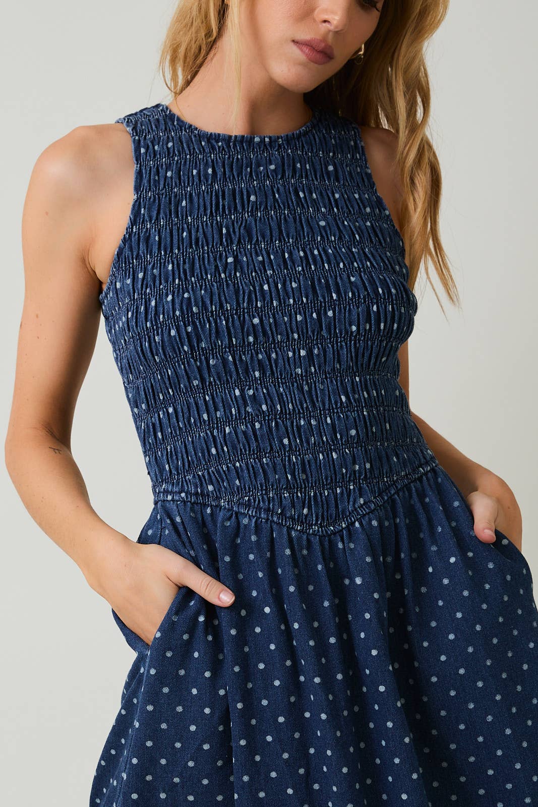 Sleeveless Smocked Torso Midi Dress