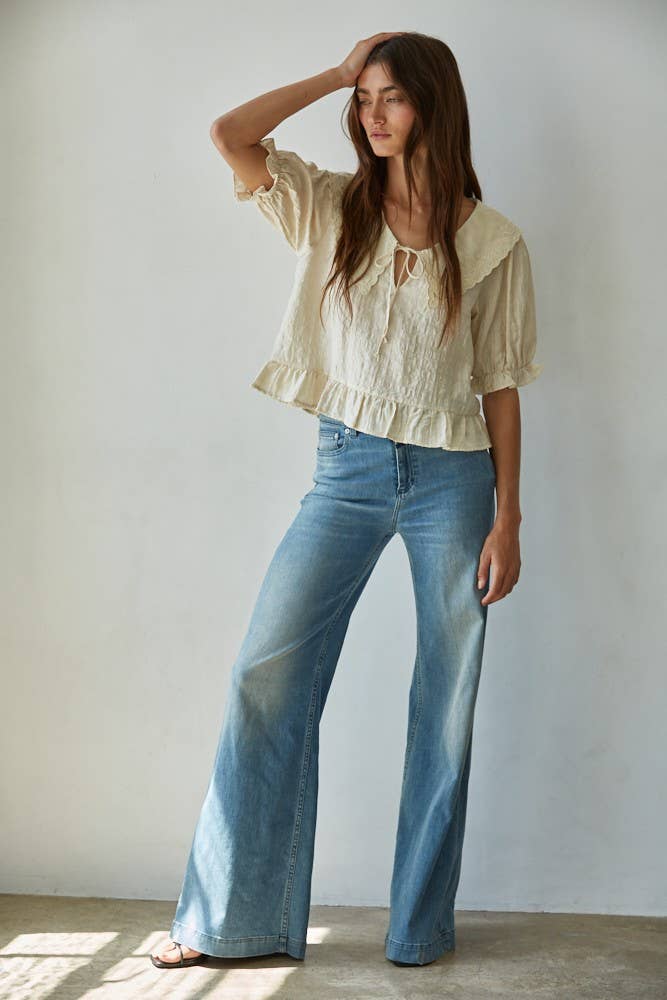 Cream Embroidered Wide Collar Blouse