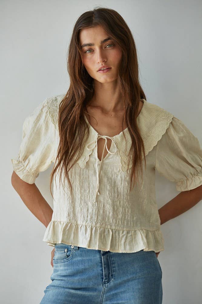 Cream Embroidered Wide Collar Blouse