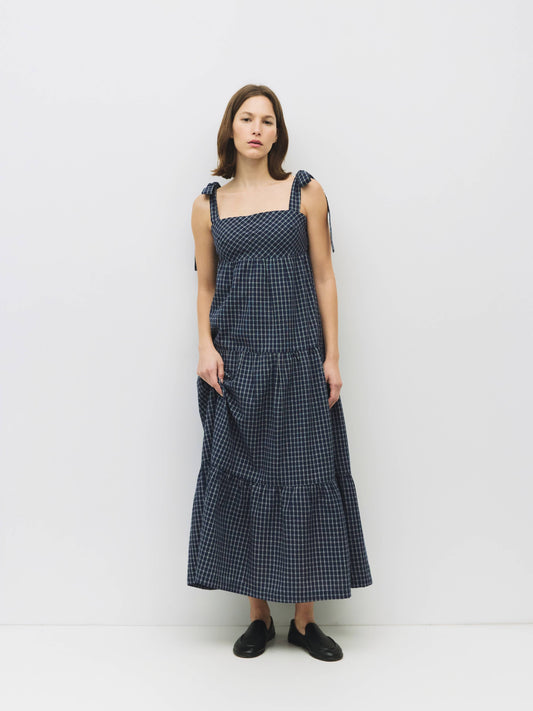 Navy Blue Gingham Maxi Dress