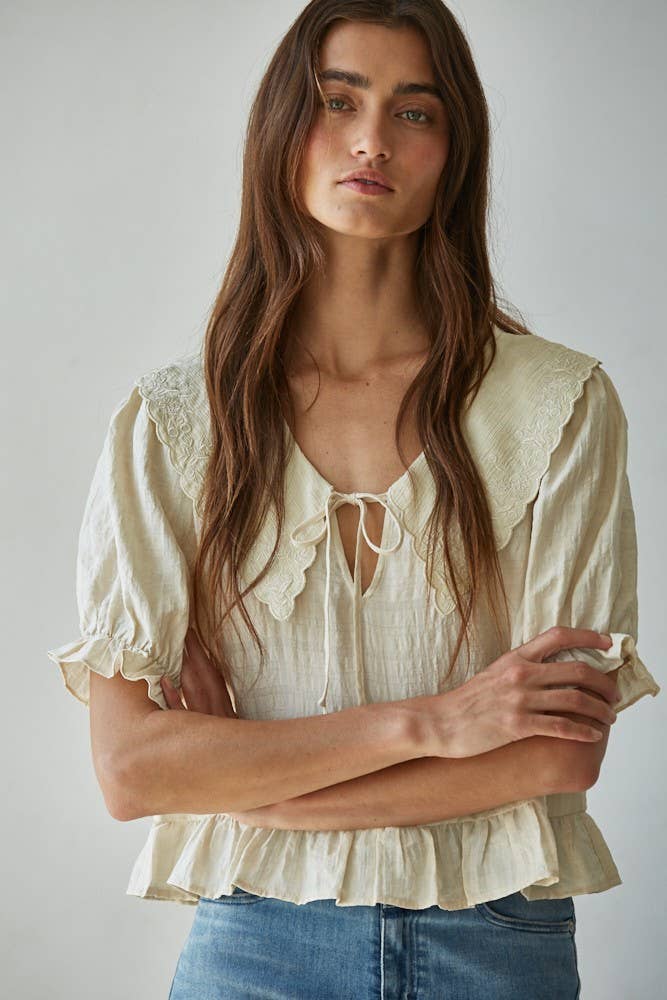 Cream Embroidered Wide Collar Blouse